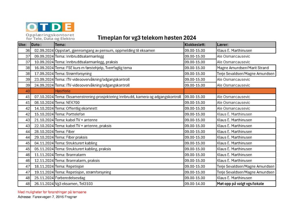 Timeplan for vg# telekom høsten 2024